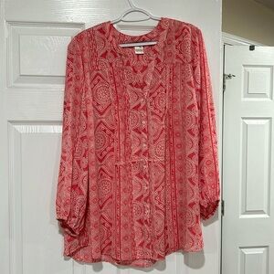 Terra & Sky Women’s Button Down Pink Geometrical Print Long Sleeve Blouse